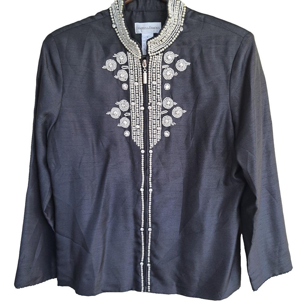 Draper's & Damon's Women's Black Beaded Full Zip Long Sleeve Lined Jacket Size S
